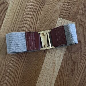 Stylish tan elastic, gold hardware & and cognac leather belt